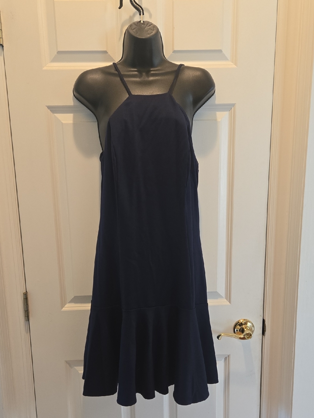 NWT Amanda Uprichard Midi Dress L Navy Blue Sleeveless Square Neck Ruffle Hem